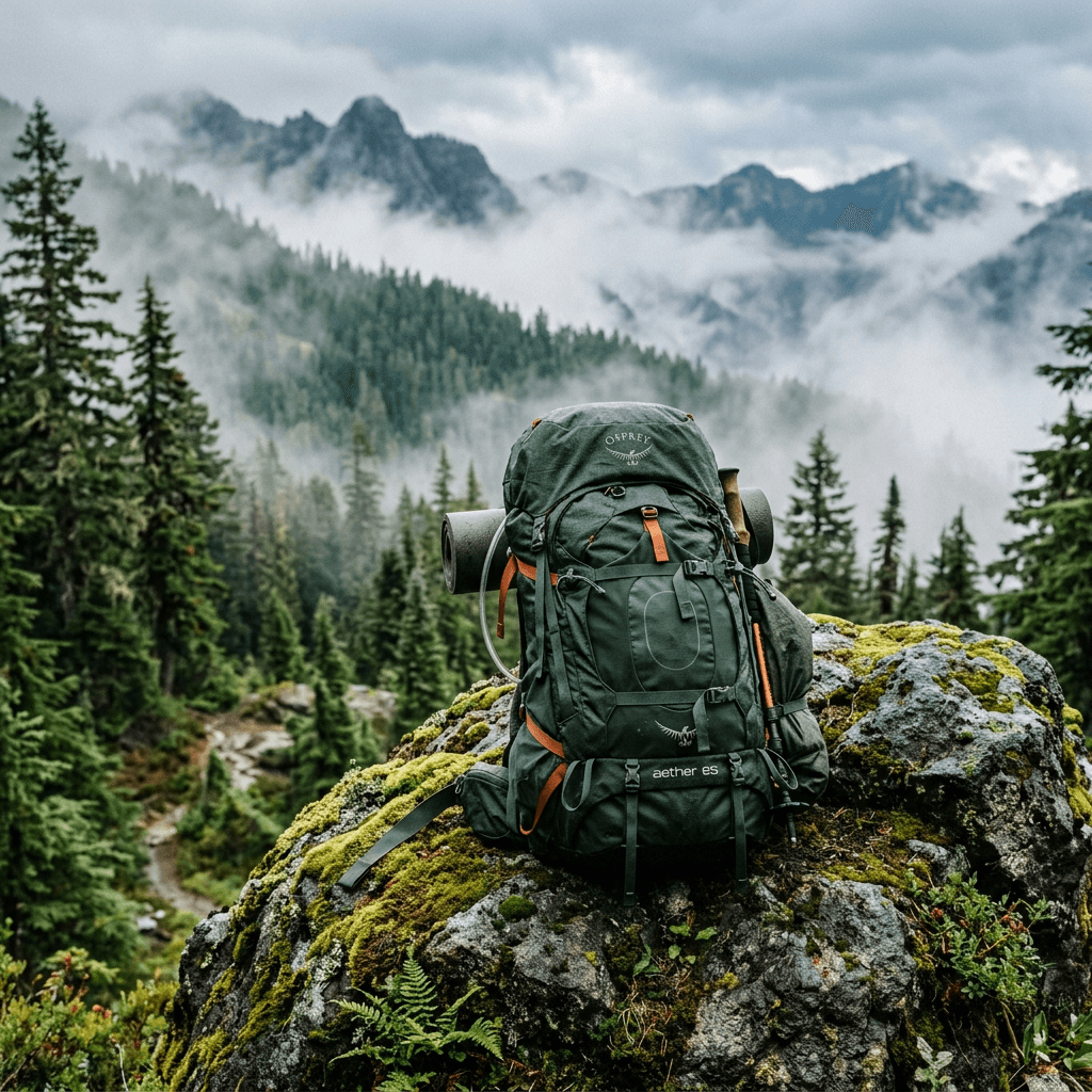 Weatherproof hiking backpack on mossy rock, misty mountain forest