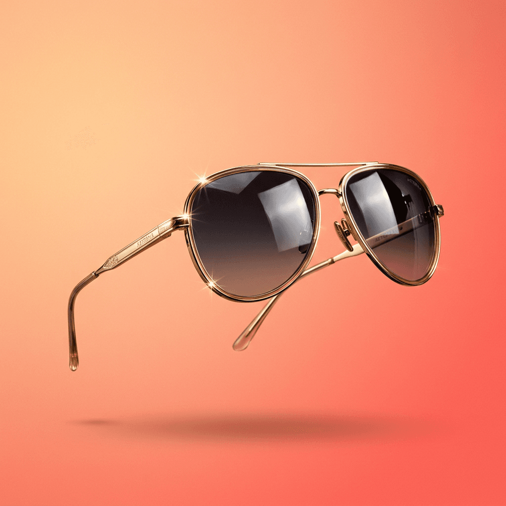 Designer sunglasses floating against gradient peach-to-coral background