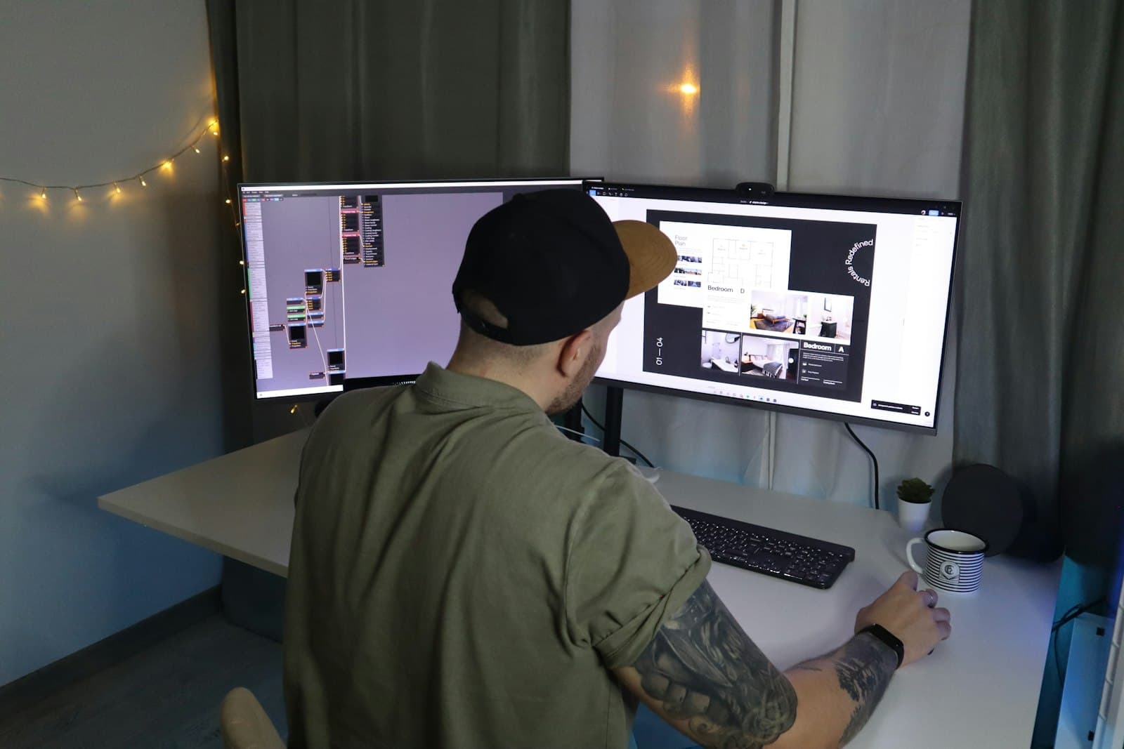 Designer reviewing AI-generated creative on a studio workstation